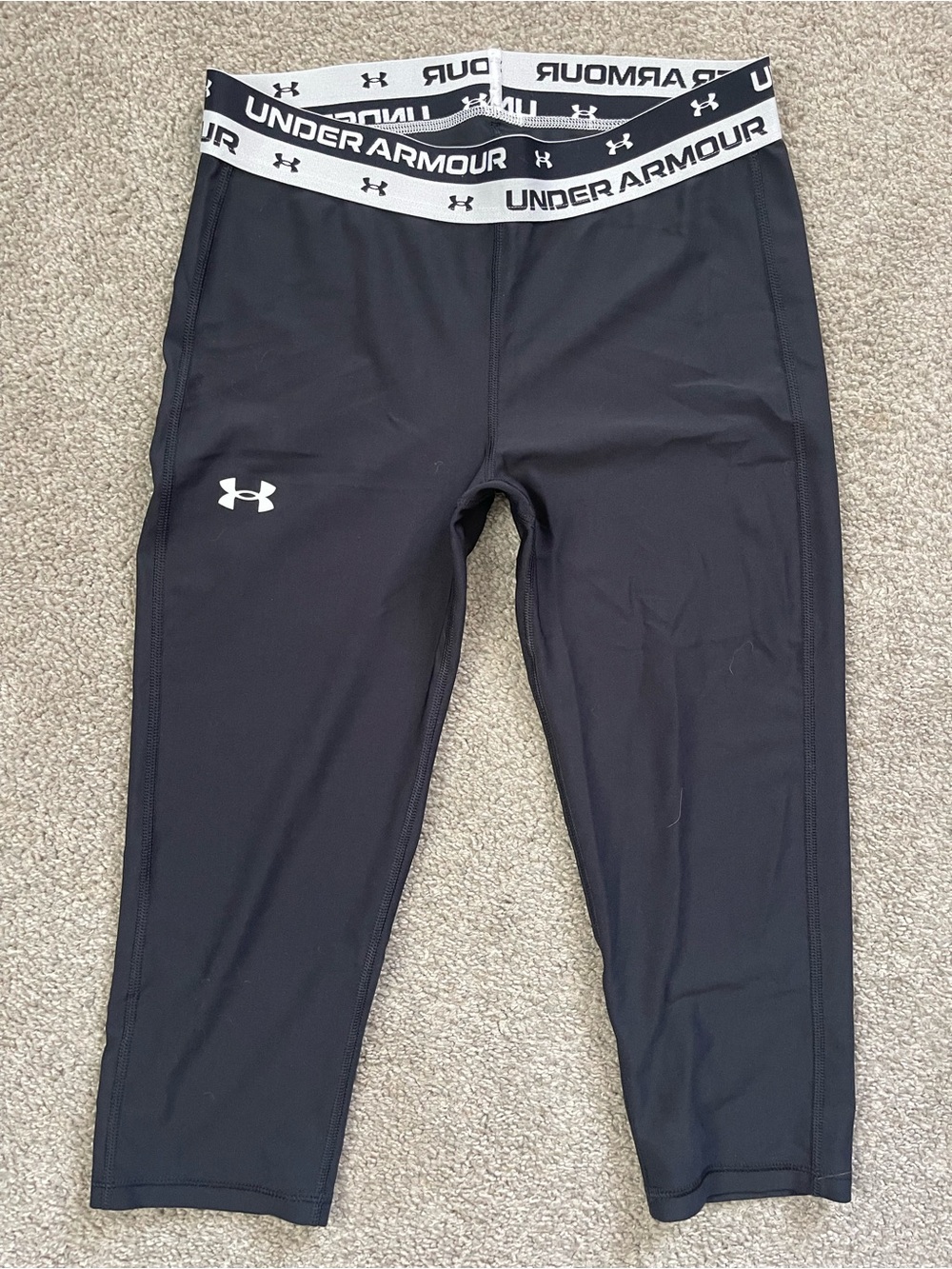 Under Armour Black Girls' Performance Capri Leggings with White Logo Waistband